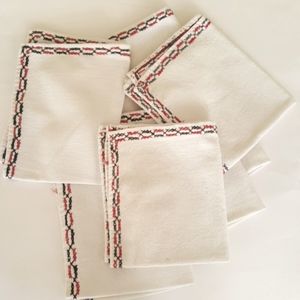 Hand Embroidered Holiday Linen Tabletop Toppers [6] 1950s Red Black Cream Retro